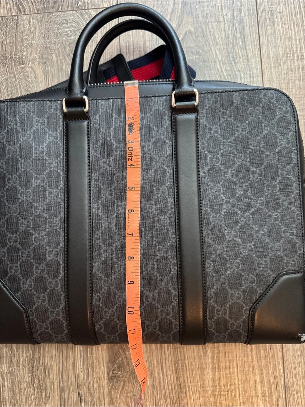 Gucci Men's Black-Gray GG Supreme Laptop Briefcase with Red-Blue Web Strap